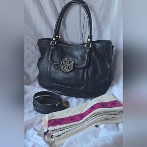 Tory Burch Amanda Satchel Black Leather Shoulder Bag with Gold Accents